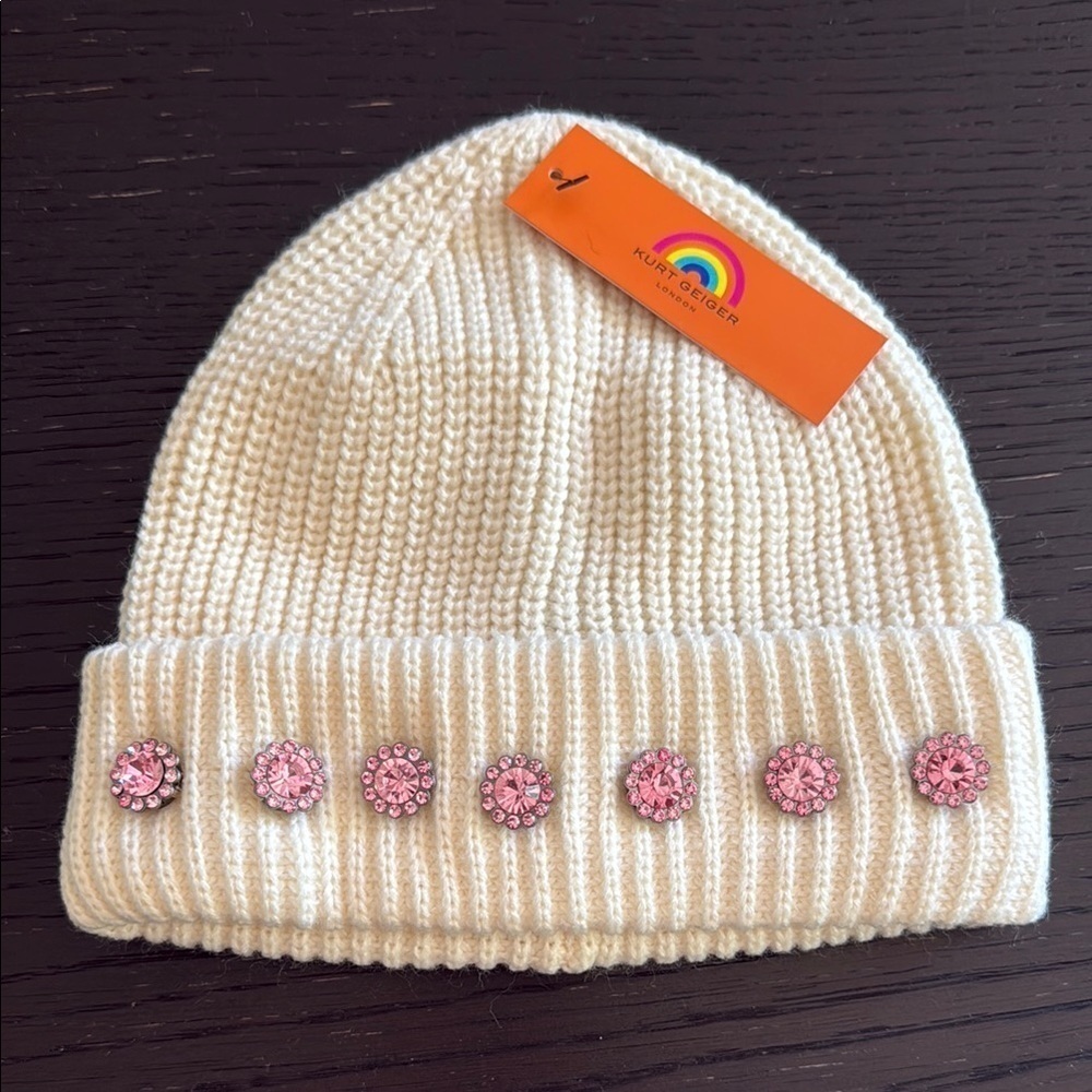 Kurt Geiger London Women’s Cream Knit Hat with Pink Crystal Embellishments